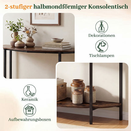 Half-Moon Console Table with 2 Shelves, Rustic Brown