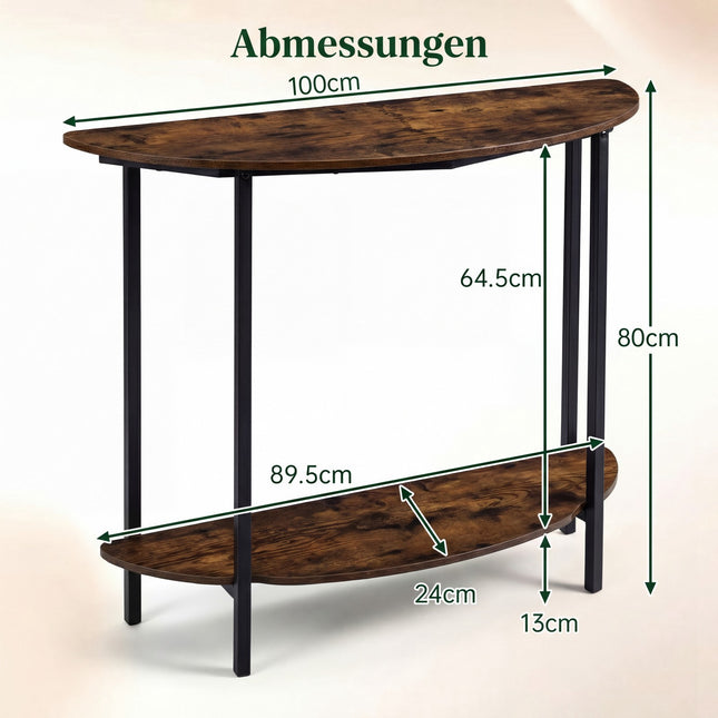 Half-Moon Console Table with 2 Shelves, Rustic Brown