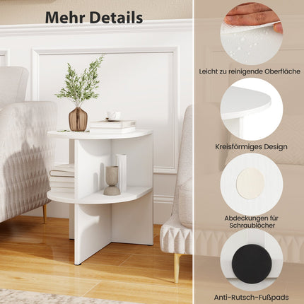 Half-Moon Side Table with Shelves, White, 38x38x48.5 cm