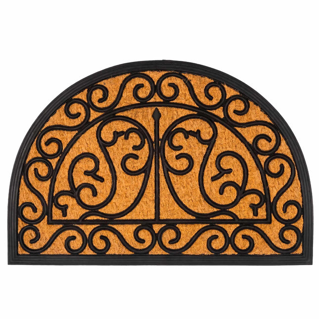 Half-Round Coir Doormat, Ornamental Design, 60x40 cm