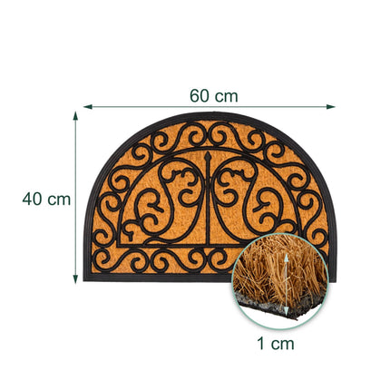 Half-Round Coir Doormat, Ornamental Design, 60x40 cm