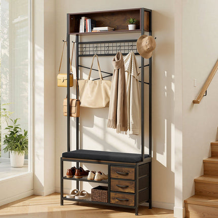 Hall Tree With Shoe Bench, 3 Drawers, Steel Frame