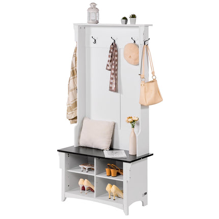 Hall Tree with Bench, Shoe Cubbies, 4 Drawers, 5 Hooks, White