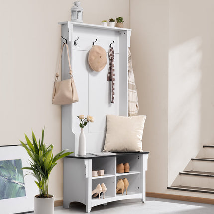 Hall Tree with Bench, Shoe Cubbies, 4 Drawers, 5 Hooks, White