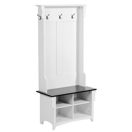 Hall Tree with Bench, Shoe Cubbies, 4 Drawers, 5 Hooks, White