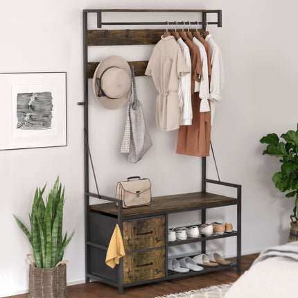 Hall Tree with Bench, Shoe Rack, 10 Hooks, 2 Fabric Drawers