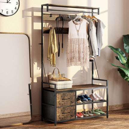 Hall Tree with Bench, Shoe Rack, 10 Hooks, 2 Fabric Drawers