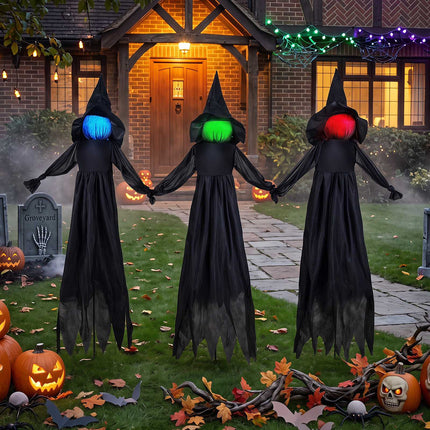 Halloween Witch Decorations Set of 3 with LED Lighted Heads, Outdoor, Black