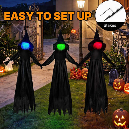 Halloween Witch Decorations Set of 3 with LED Lighted Heads, Outdoor, Black