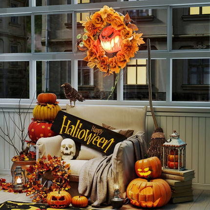 Halloween Wreath, Pumpkin Design, Autumn Leaves, LED Effects