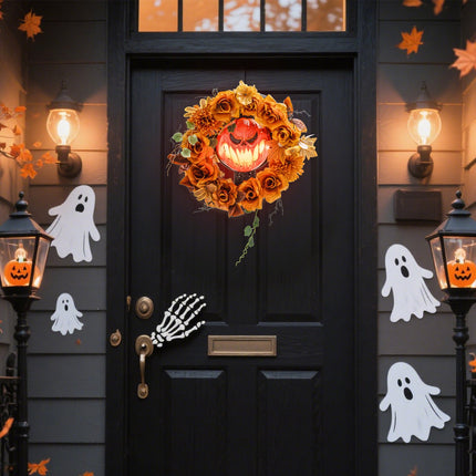 Halloween Wreath, Pumpkin Design, Autumn Leaves, LED Effects