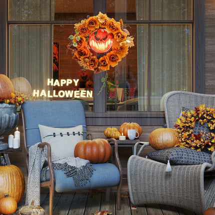 Halloween Wreath, Pumpkin Design, Autumn Leaves, LED Effects