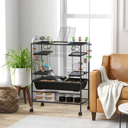 Hamster cage with wheels and accessories, black