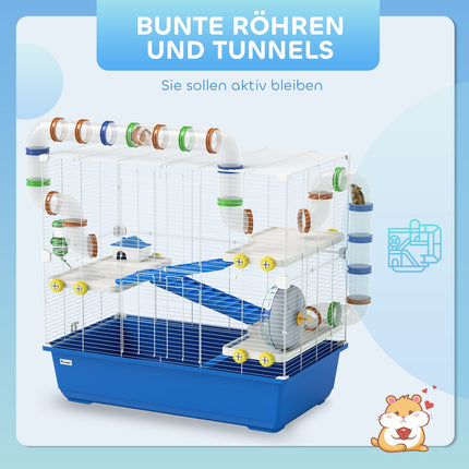 4-story hamster cage with wheels and accessories, blue