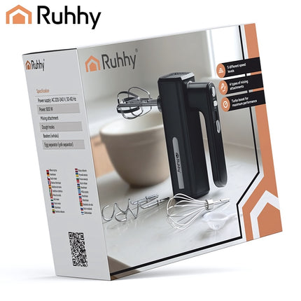 Hand Mixer 800W with 5 Speeds and Turbo, 2 Whisks, 2 Dough Hooks, BPA Free