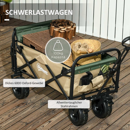 Folding handcart with handle, 100 kg capacity - Khaki