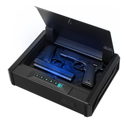 Handgun Safe – Fingerprint, Keypad, Key, Light, Holds 2 Pistols