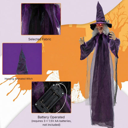 Hanging Animated Witch with Pre-Recorded Phrases, Halloween Decoration, Purple