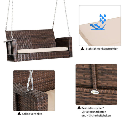 Rattan 2-seat garden swing with cushion - brown, 127x57.5x60 cm