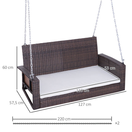 Rattan 2-seat garden swing with cushion - brown, 127x57.5x60 cm