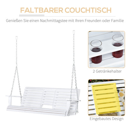 Garden swing bench with folding table, 2-3 seats, white