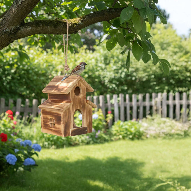 Hanging Bird Feeder, Flamed Wood, Mesh Base