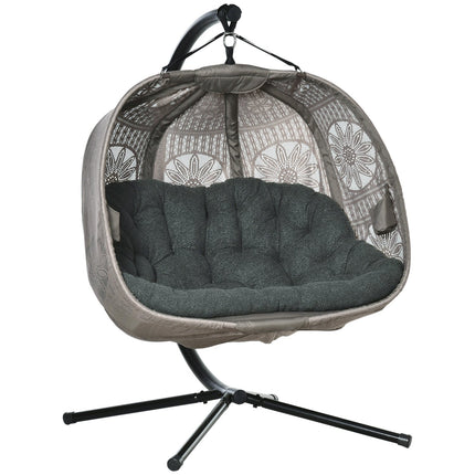 Two-person hanging egg chair with cushion and frame