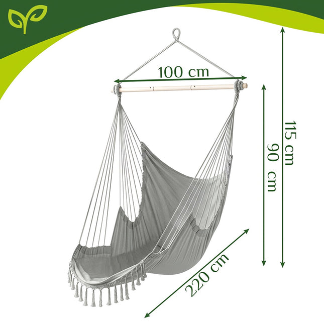 Hanging Chair Swing, 210cm Gray, Cotton Fabric, 2 Cushions