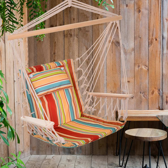 Multicolored hanging chair with cushion, portable, holds 100 kg
