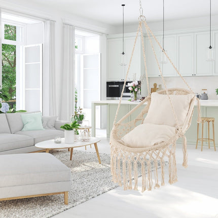 Hanging Chair with 2 Cushions, 150kg Capacity, Beige