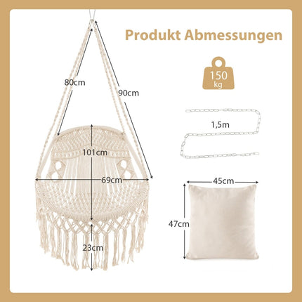 Hanging Chair with 2 Cushions, 150kg Capacity, Beige