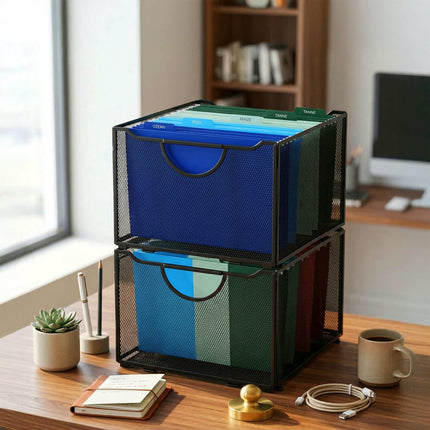 Hanging File Box, Steel Mesh, Stackable With Handles