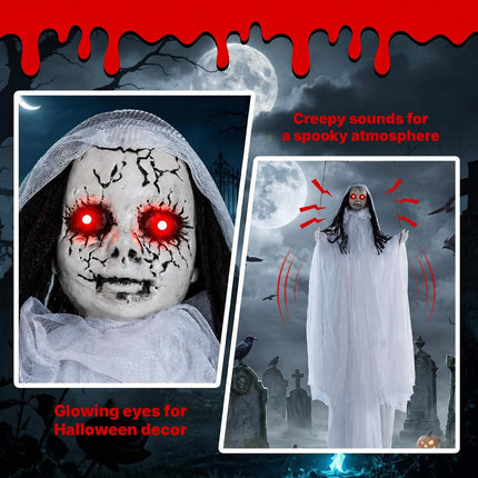 Hanging Halloween Girl Prop with Light-Up Eyes, Creepy Sounds, White Robe