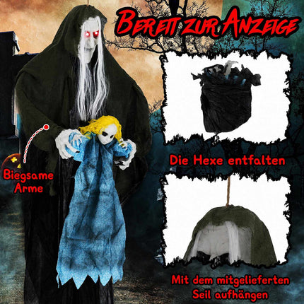 Hanging Halloween Witch Holding Ghost Girl, Sound Activated, Spooky Sounds