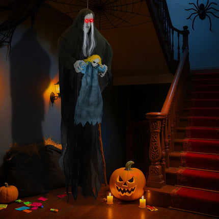 Hanging Halloween Witch Holding Ghost Girl, Sound Activated, Spooky Sounds