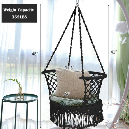 Hanging Hammock Chair, Cotton Macrame Backrest, Black