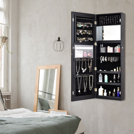 Hanging Jewelry Cabinet With LED Mirror, Black 120x40cm