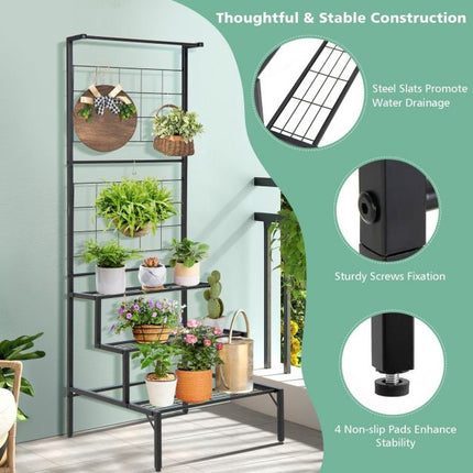 Hanging Plant Stand, 3-Tier Metal Shelves With Trellis