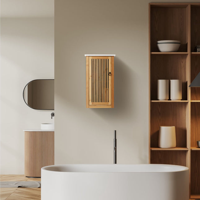Hanging bathroom cabinet in bamboo