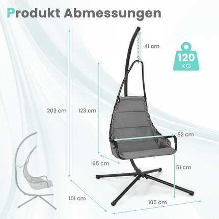 Hanging chair with frame &amp; Extra Large Padded Seat &amp; Robust metal frame hammock gray