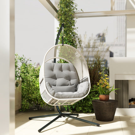 Egg-shaped hanging rocking chair with stand, cushions - light grey