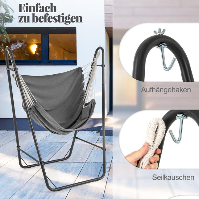 Hanging chair with frame, grey, cotton-polyester, 120 kg load capacity