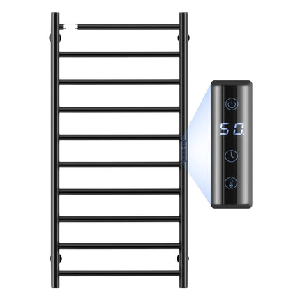 Heated Towel Rack, Wall Mount, 10-Bar, Timer, Black