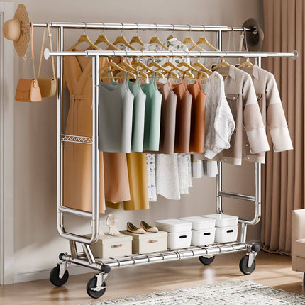 Heavy Duty Clothes Rack, Double Rod, Adjustable, Rolling