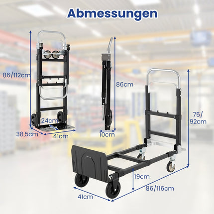 Heavy-Duty Folding Cart, 3-in-1, Adjustable Handle, Black