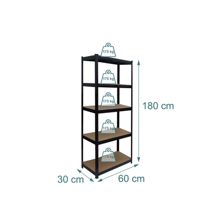 Heavy-Duty Steel Rack, 5 Adjustable Shelves, Black