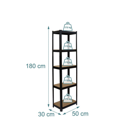 Heavy-Duty Steel Rack, 5 Adjustable Shelves, Black