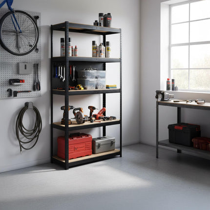 Heavy-Duty Steel Rack, 5 Adjustable Shelves, Black