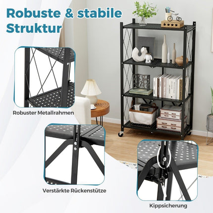 Heavy-duty folding shelf, 4 levels, standing shelf with lockable wheels, black, 71 x 34 x 126 cm