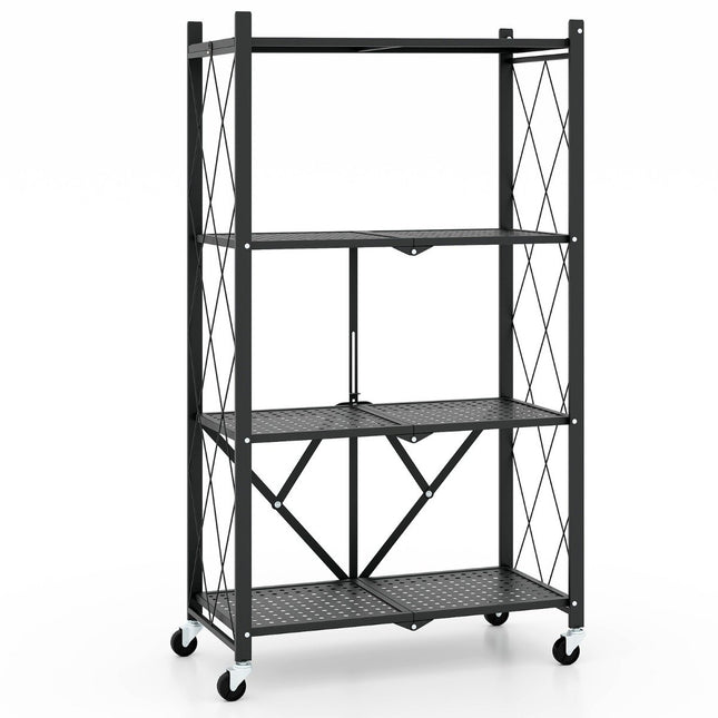 Heavy-duty folding shelf, 4 levels, standing shelf with lockable wheels, black, 71 x 34 x 126 cm